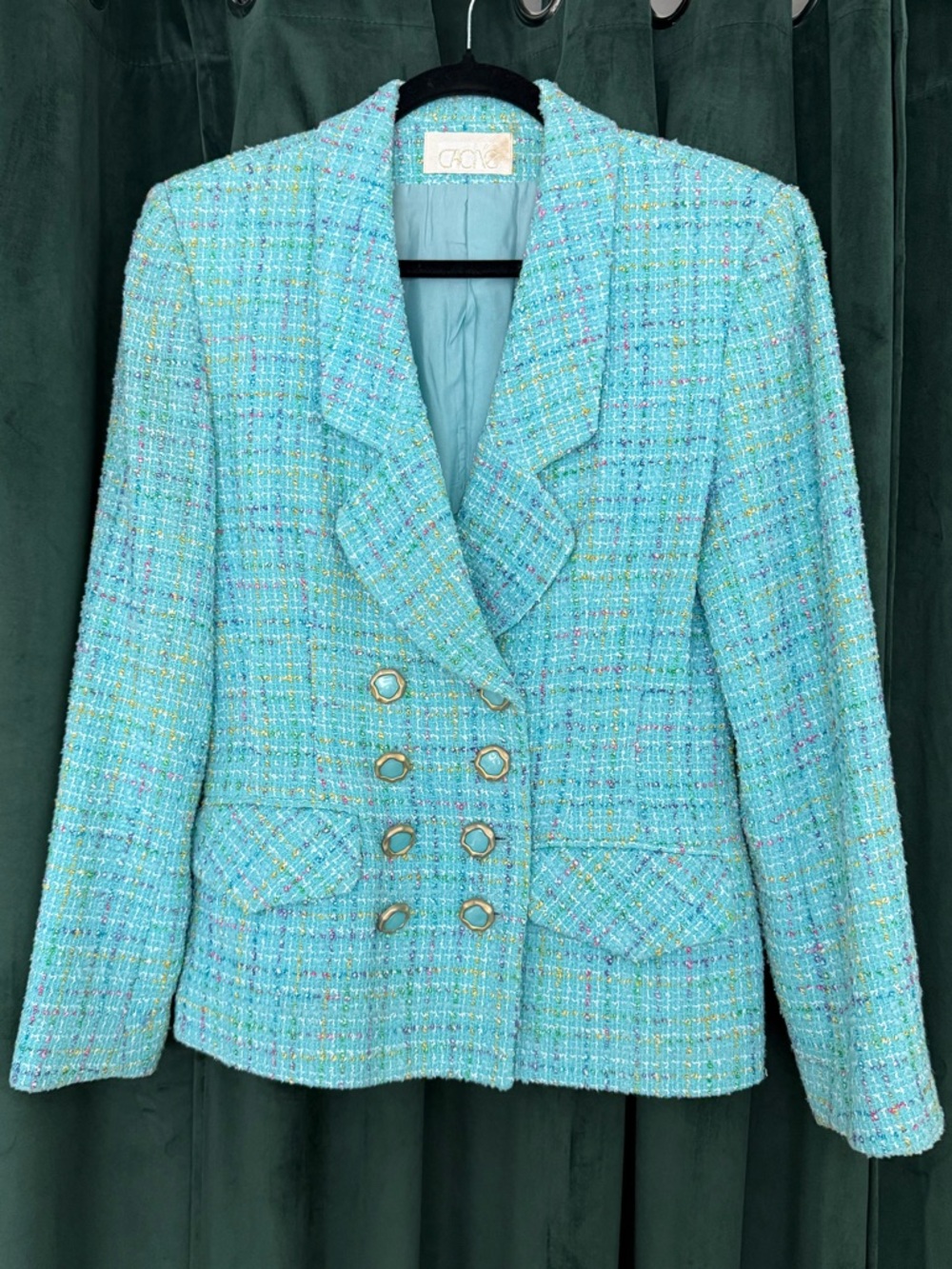 Vintage Cache Tweed Blazer Jacket Aqua Blue Bouclé Gold Button Size 6